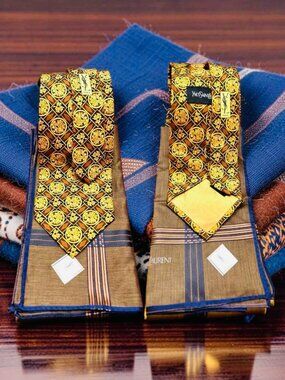 Set  Yves Saint Laurent Necktie Silk & Handkerchief YSL Gold Brown Striped (18